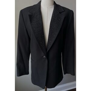 Black Wool Blazer Women 10 Beaded Evening Jacket Harlan Vintage